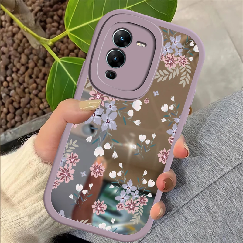 Floral Soft Frame Mirror Case For Vivo V27E V25 Pro V25E V23 V23E V15 Pro V11i S15 S12 S1Pro Shockproof Silicon Protective Cover