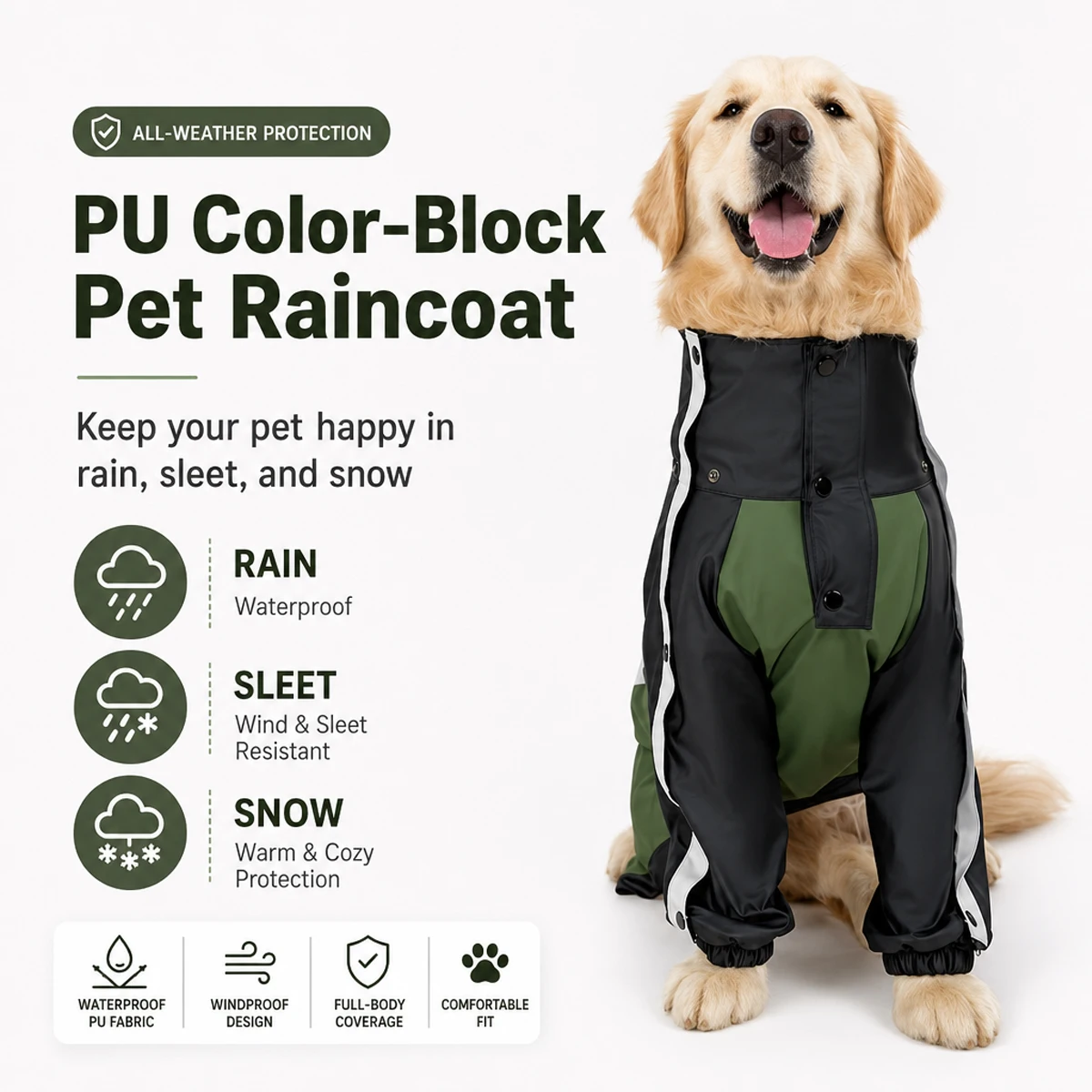 Waterproof Oilproof Stainproof Dog Coat 3 in 1 Protective Pet Clothes Multiple Ways to Wear for Medium Large Dogs