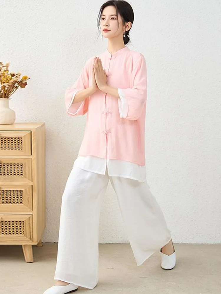 

High-End New Chinese Style Zen Buddhist Women's Spring Summer Cotton Linen Casual Two-Piece Set with Button-Up Top Wide Leg P...