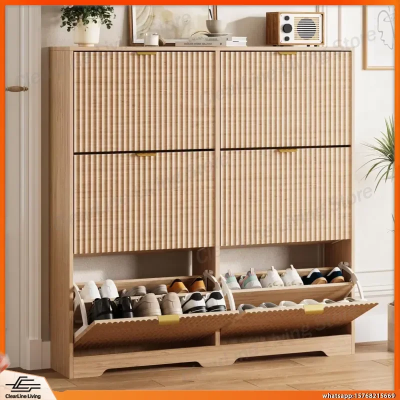6-Drawer Flip Shoe Cabinet for Entryway Oak Fluted Wooden Shoe Storage with Adjustable Shelves Modern Hallway Shoe Organizer