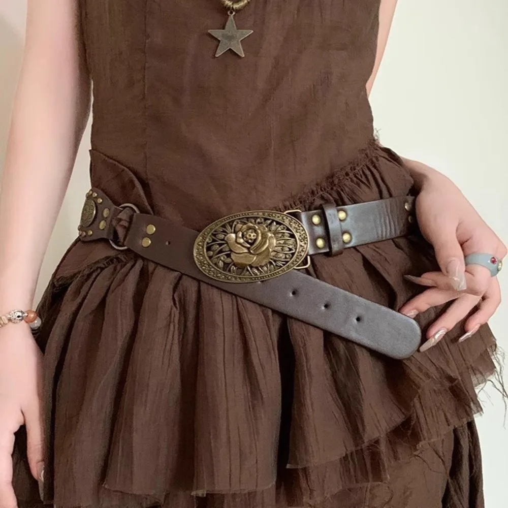 

Fashion Grommet PU Leather Waist Belt Vintage Rivet Wide Waist Cinch Belt Y2k Gothic Steampunk Waistband Female Jeans