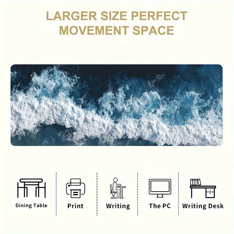 Ocean Wave Abstract Large Gaming Mouse Pad Rubber Base Precision Stitched Edges Desk Mat for Home Office Work
