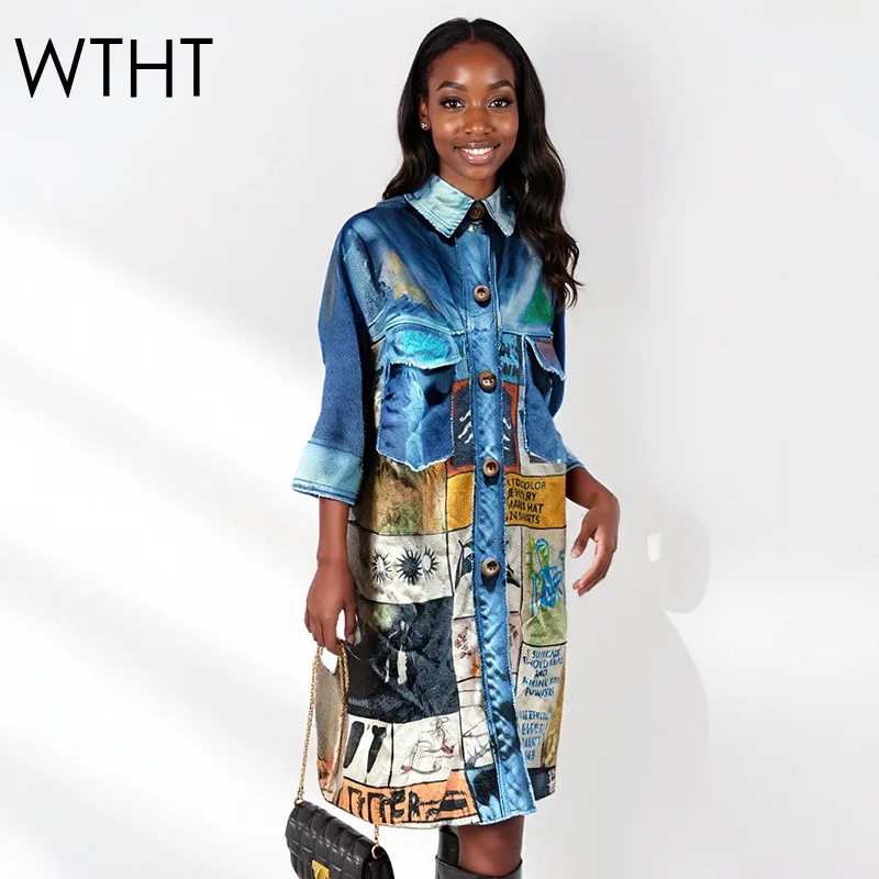 

WTHT модная новая женская длинная джинсовая куртка в клетку с буквенным принтом, осень 202, модное пальто с длинными рукавами, женское 1LS2428