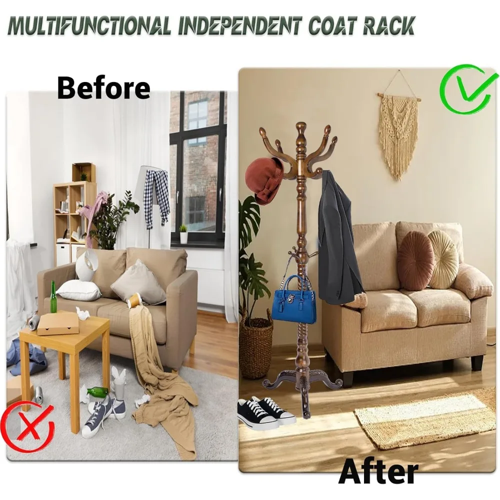 رف معطف خشبي عالي التحمل قائم بذاته مع 14 خطافًا وارتفاع قابل للتعديل، وقاعدة مستديرة صلبة لتخزين المدخل #5