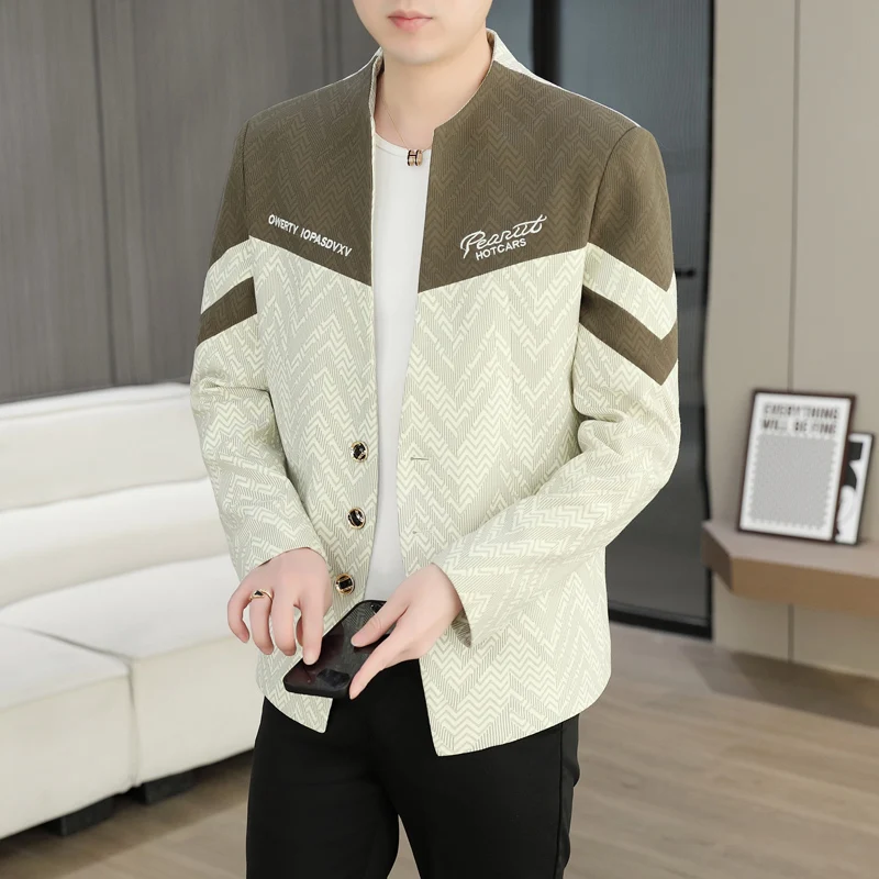 2026 Spring Spliced Men's Stand Up Collar Suit Jacket Slim Fit Business Social Blazers Streetwear Jacket Costume Homme
