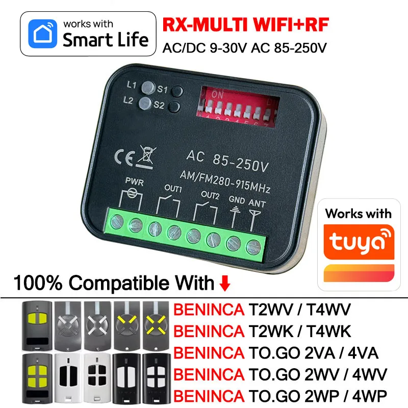 Work With Tuya WiFi RX MULTI Receiver for BENINCA TOGO 2VA 4VA 2WV 4WV 2WP 4WP T2WV T4WV T2WK T4WK Gate Remote Control 433.92MHz
