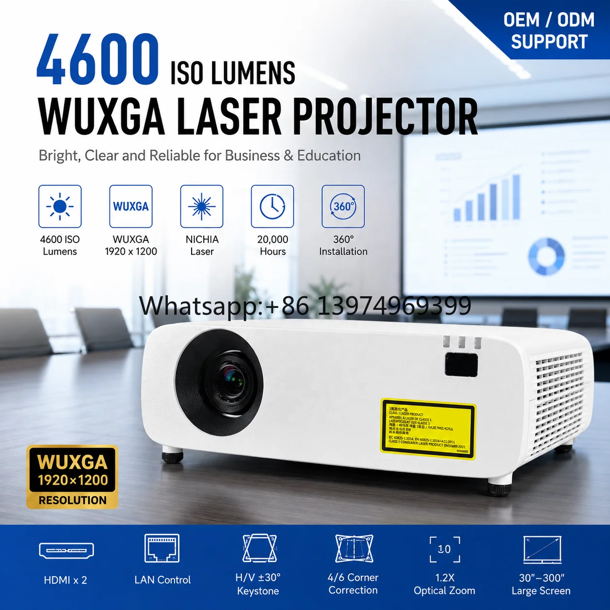 Professional WUXGA Laser Projector 4600 ISO Lumens 20,000 Hours for Conference Room and Classroom