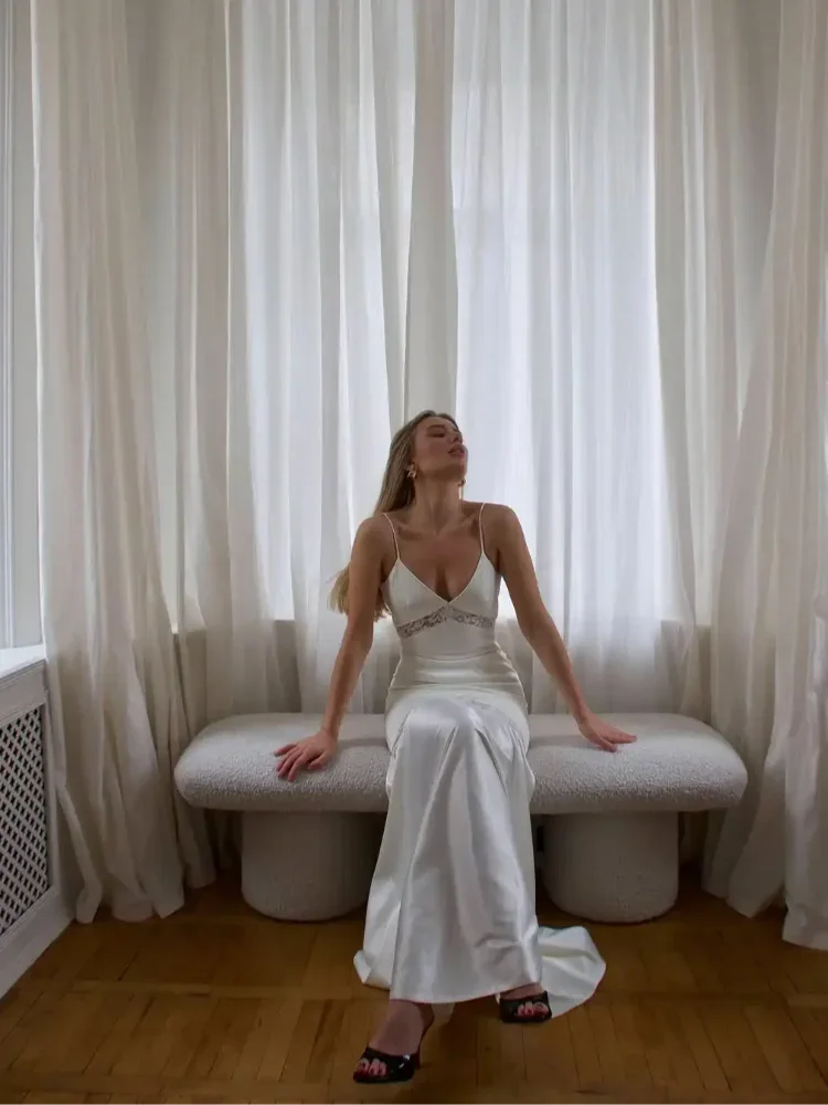 Women Elegant Satin Fishtail Sling Maxi Dress Chic Lace Patchwork Backless V-neck Sleeveless Slim Gowns 2025 Evening Party Robes