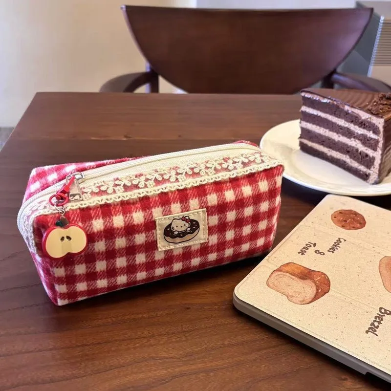 Cute Cartoon Hello Kitty Red Checkered Large Capacity Pencil Case Student Stationery Girl Kawaii Ktcat Pendant Apple Pencil Case image 2