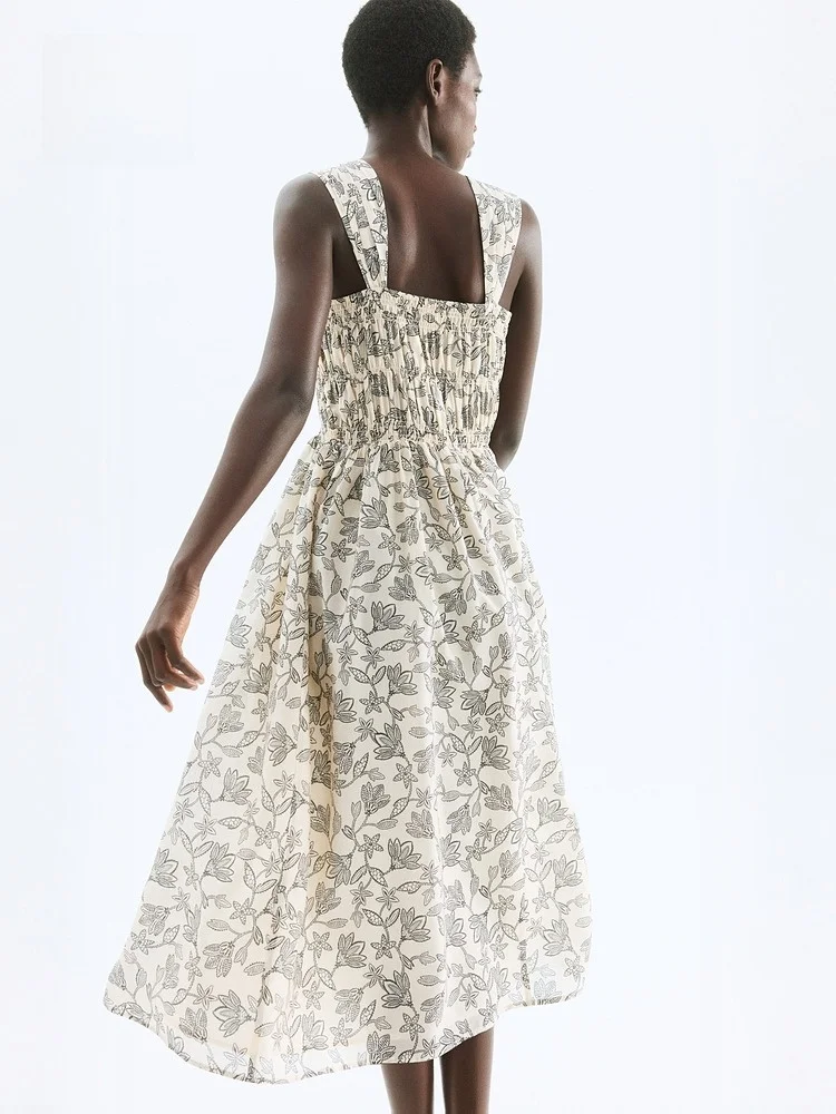 H&M Floral Print One-Piece Dr Spring Summer Casual Sle Svel Midi Dr Vaion Vibes Gauze Material Square Collar