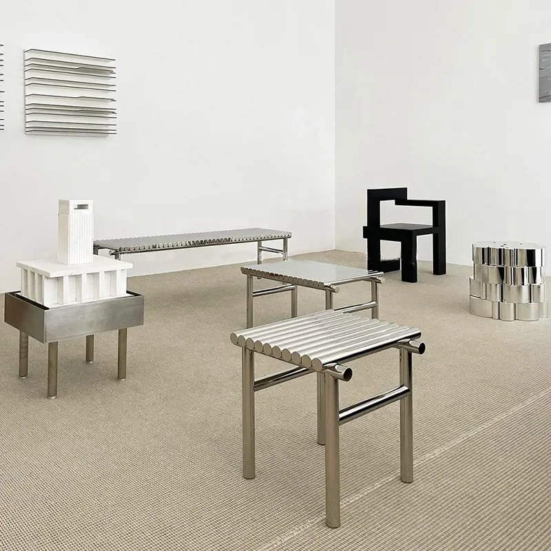 Nordic stainless steel metal bench living room porch shoe changing stool silver bedroom