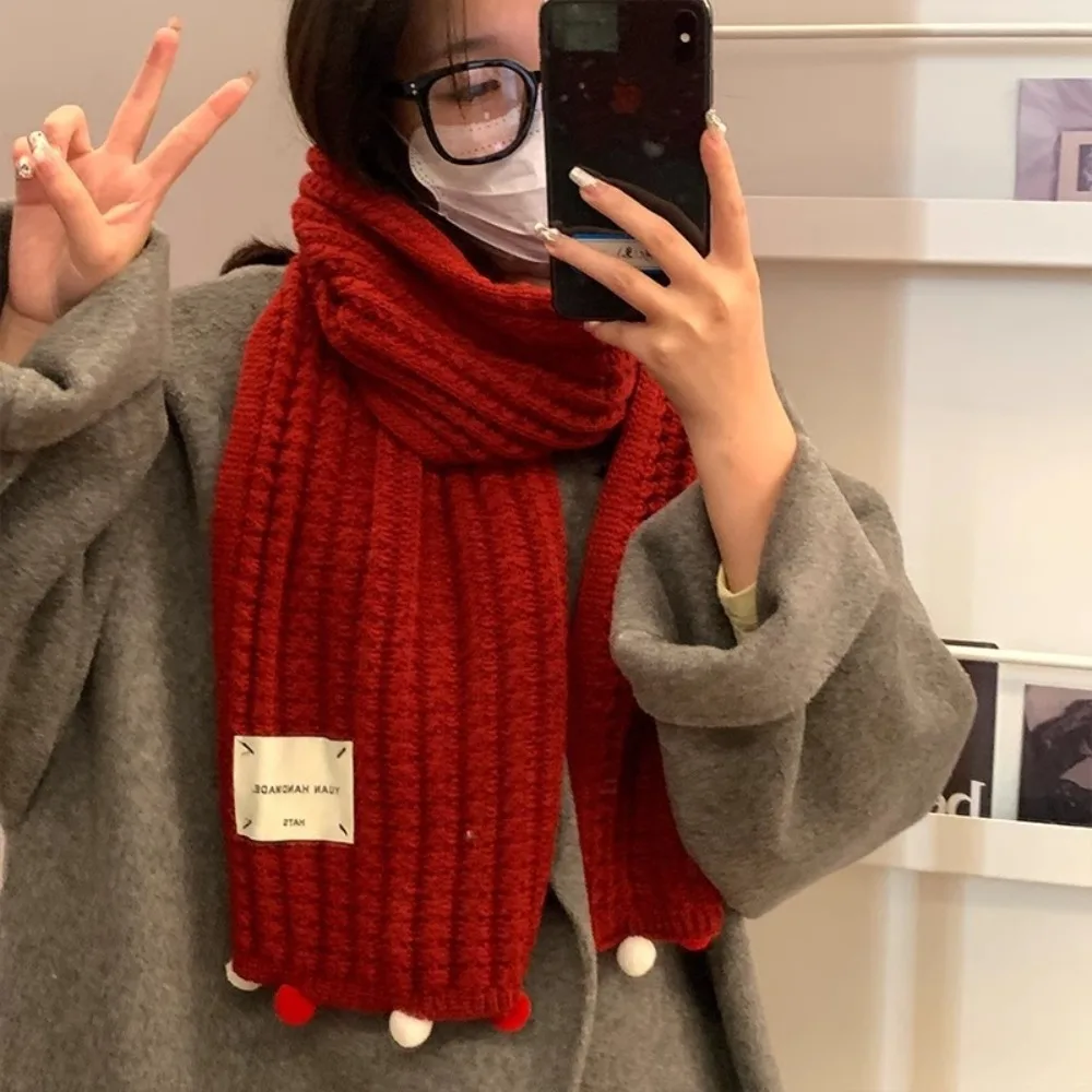 Fashion Keep Warm Knitted Wool Scarf New Year's Small Ball Couple Scarf Red Thicken Winter Scarf