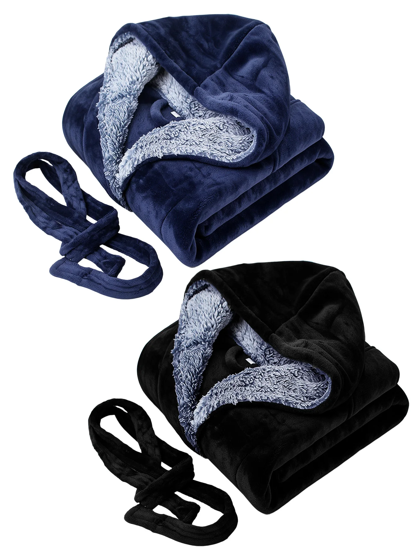 Men Hooded Flannel Robe Sherpa Trim Long Sleeve with Belt Pockets Warm Plush Winter Loungewear for Spa Home