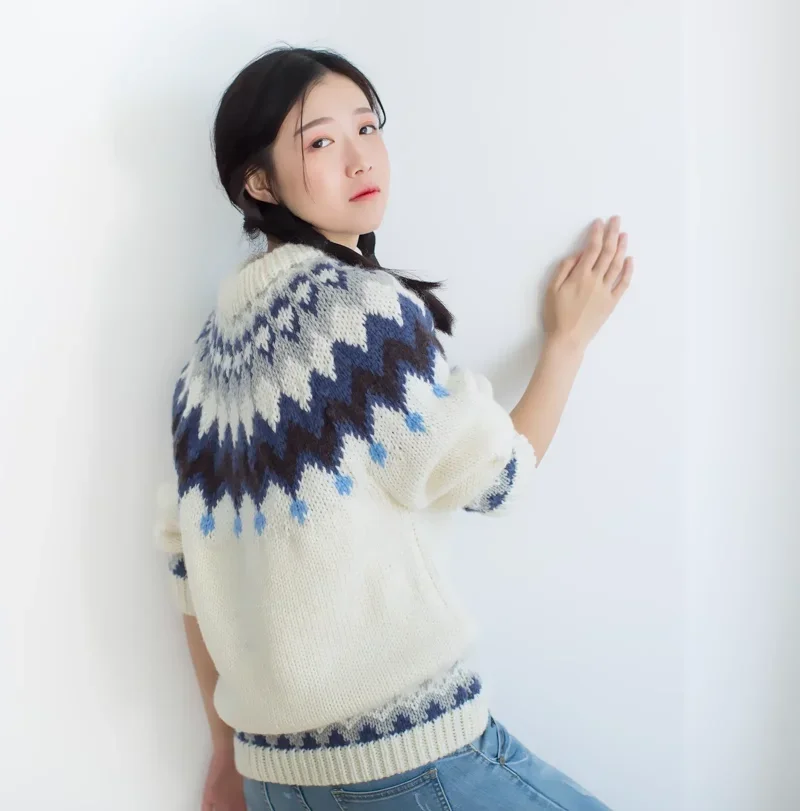 102-110cm Bust Fall Winter Pullovers Women Fair Isle Vintage Pure Handmade Knitted Thick Warm 100% Wool Pullover Jumper Sweaters