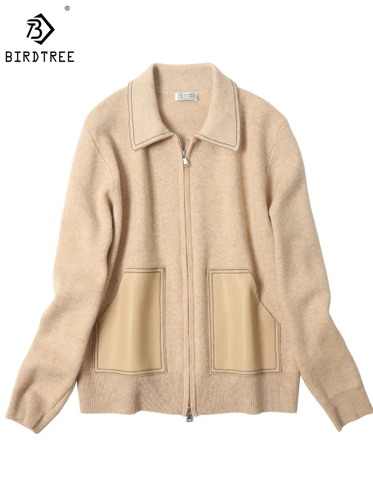 

Birdtree 100%Pure Cashmere Women Design Thick Cardigan Woolen Lapel Casual Warm Chic Loose Soft Jacket 2024 Spring New C41483QM