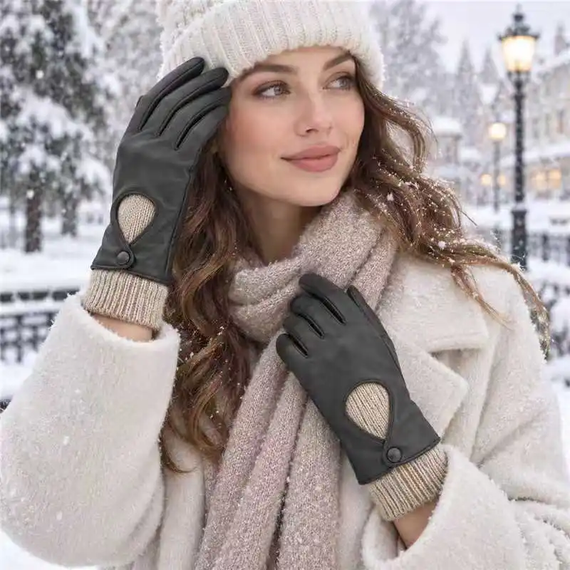 1Pair Women's PU Gloves, Extra Long Plus Size, 30/70 Wool Lined, Windproof Fashion Warm Winter Gloves for Commute