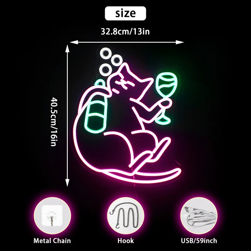 Drinking Cat Neon Led Sign Dimmable Beer Cat Neon Lights Animal Neon Light for Wall Light up Sign for Room Decor