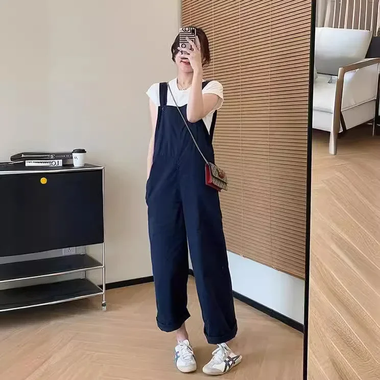 Macacões femininos estéticos lazer moda bolsos denim lavado diário faculdade all-match design simples em linha reta ins sólido popular