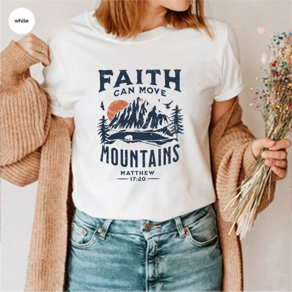 Faith Can Move Mountains T Shirt Trendy Christian Print Short Sleeve Shirt Religious Crewneck Shirts Bible Verse Tee