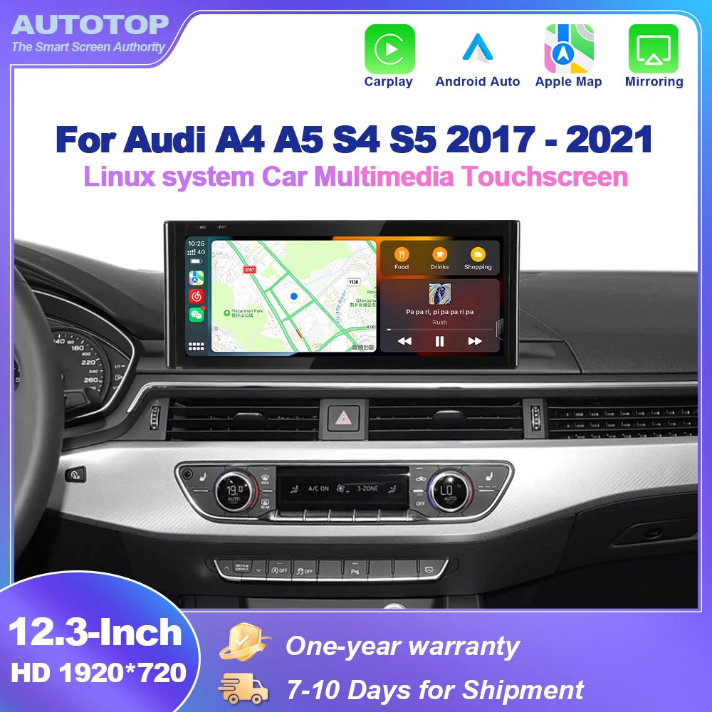 Écran multimédia Linux AUTOTOP 12,3 pouces pour Audi A4 S4 A5 S5 2016-2019, CarPlay sans fil, Android Auto, Airplay, Autolink, Navigation