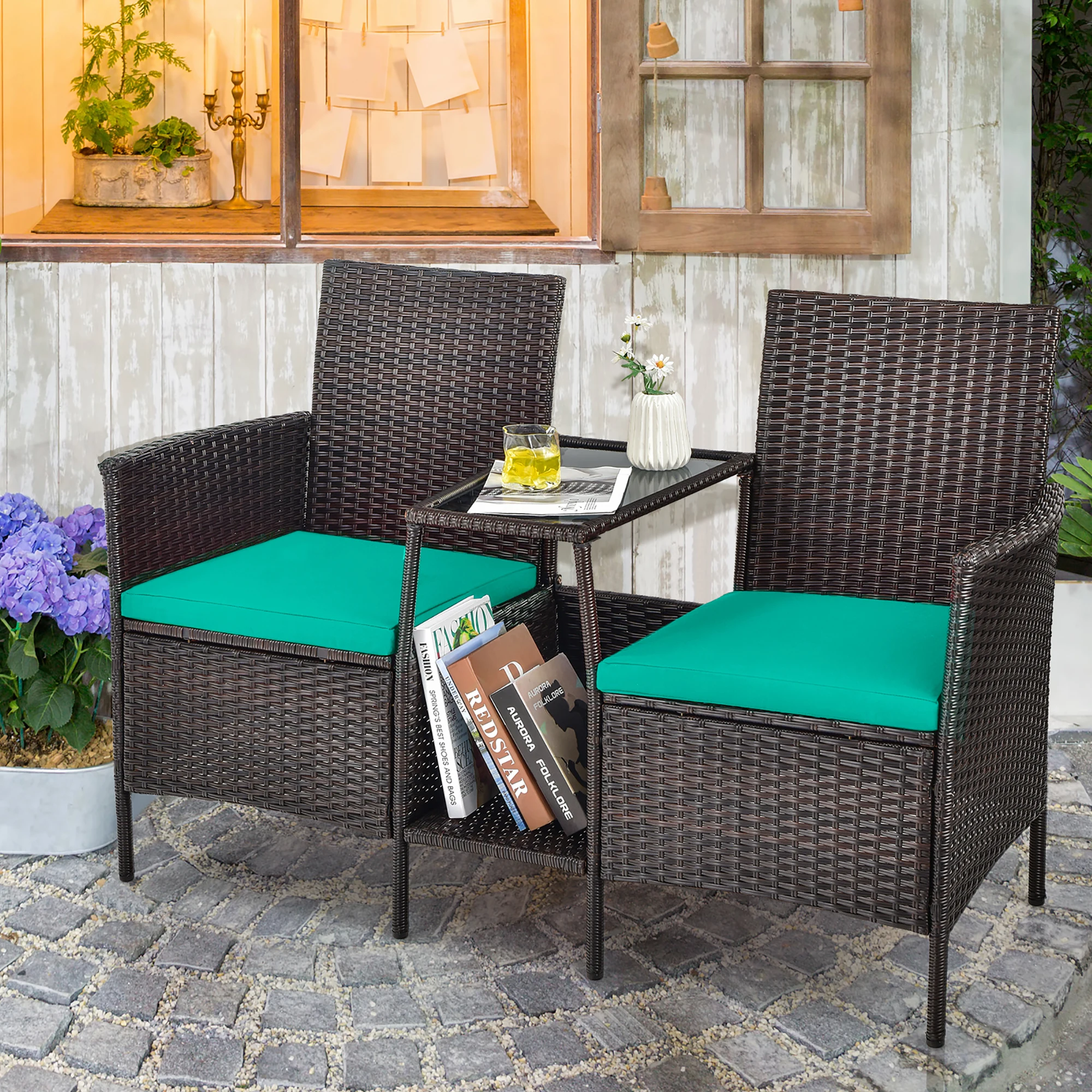 

Patio Rattan Wicker Conversation Set Sofa Cushioned Loveseat Glass Table