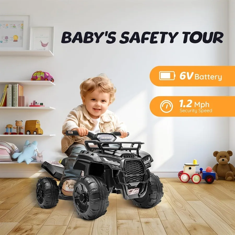 ATV para niños pequeños con batería de 6 V, 4 ruedas con luz musical, velocidad máxima de 1,2 mph, ATV de 4 ruedas para niños pequeños de 1,5 a 3 años, color negro