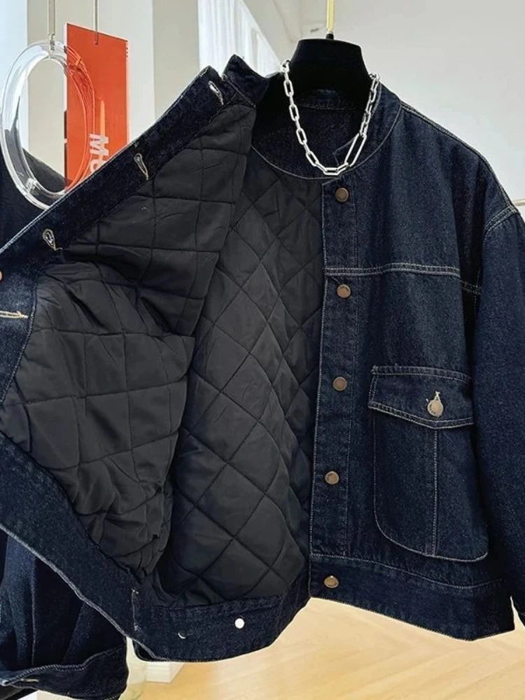 Women Korean Style Short Denim Padded Jacket Winter Casual Loose Cotton Coat 2026 Chic Warm Outerwear