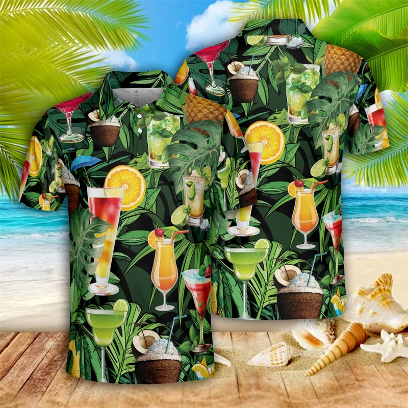 Cocktail 3D Printed Golf Polo Shirts For Men Clothes Drinks Juice Night Club Graphic POLO Shirt Hawaiian Vacation Short Sleeve