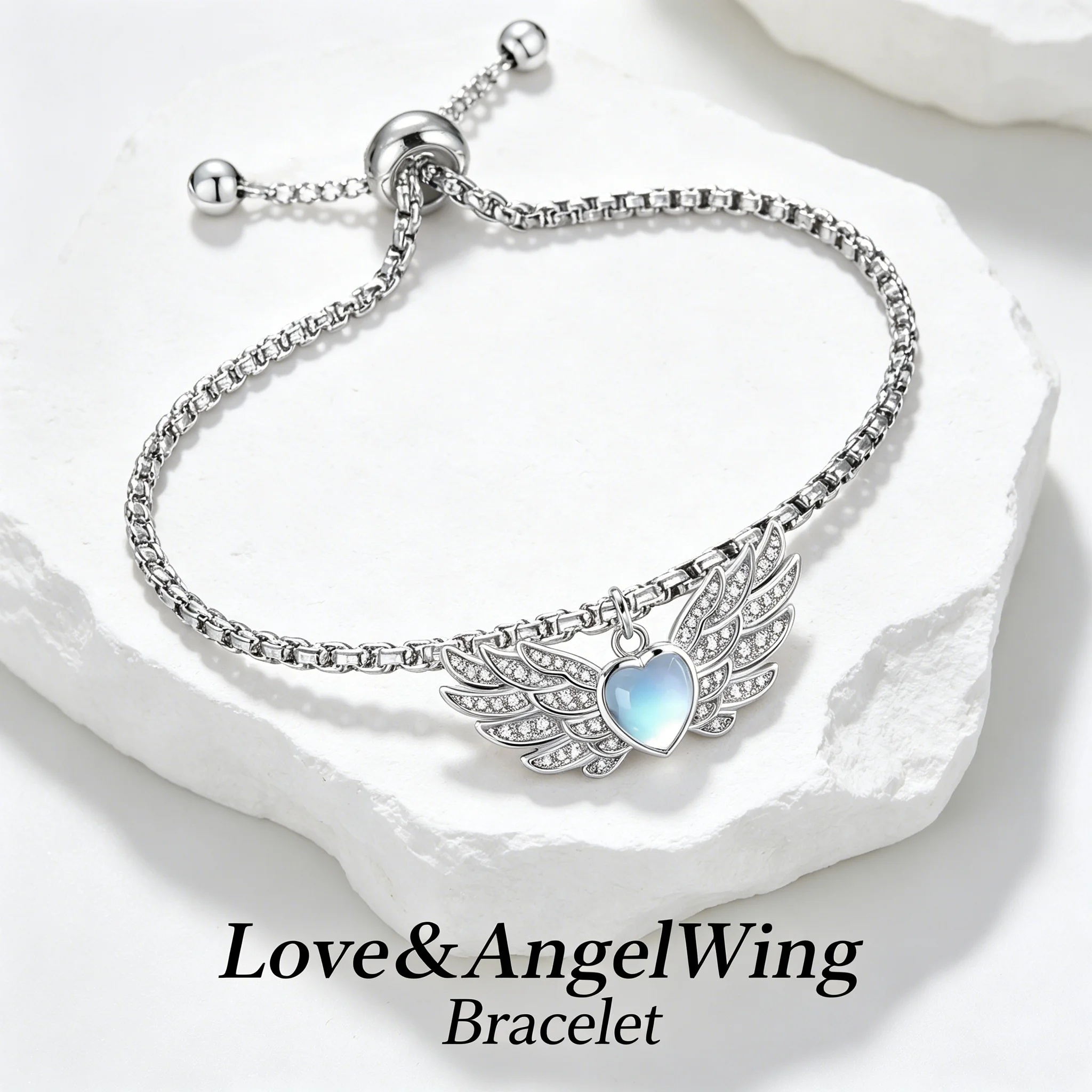 Love & Angel Wing Adjustable Bracelet Heart Shaped Blue Stone Women Casual Daily Elegant Romantic Jewelry Gift