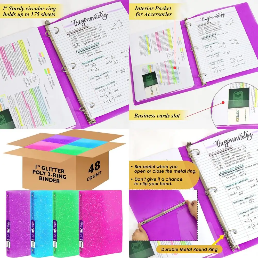 

Glitter 1-Inch 3-Ring Binder, 175-Sheet Capacity, 48-Pack, Perfect for School, Home, and Office Use
