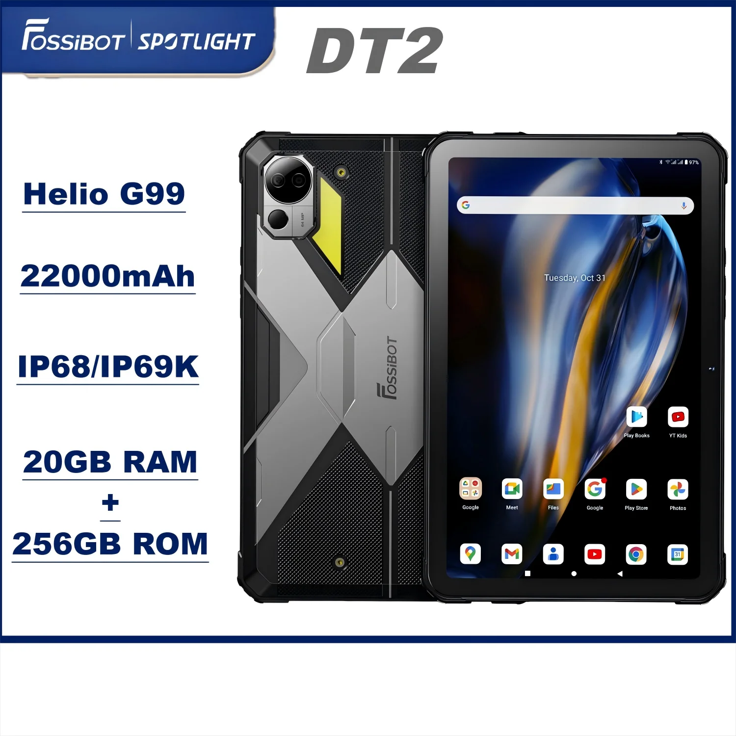 Fossibot-DT2 Rugged Tablet Android 13, PC, Outdoor Lighting, Helio G99, 22000mAh Battery, 20GB + 256GB, 10.4 