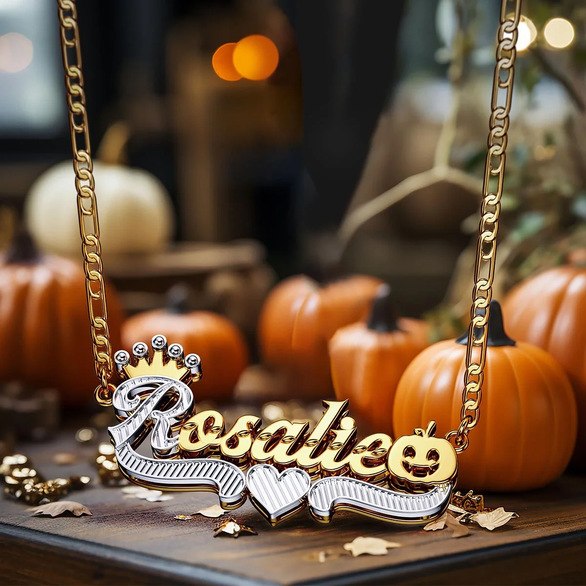Dascusto Custom Name Necklace Personalized  Double Layer Two Tone Pumpkin Two Tone Pendant Crown Letter Necklace Christmas Gifts