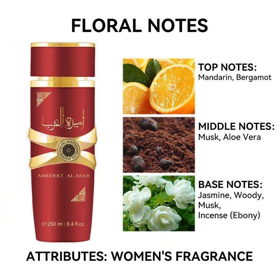 Perfume duradouro de fragrância árabe para mulheres, notas florais, bergamota, jasmim, almíscar EDP, Eau de Parfum Spray, 8.4FL.OZ, 250ml