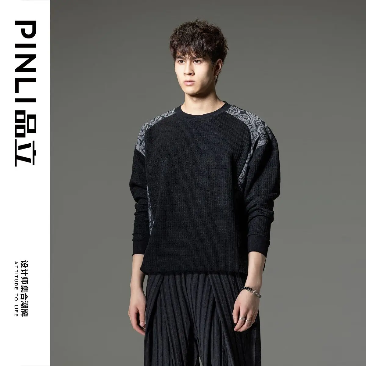 

PinLi New Design Male Long sleeved T-shirt for men autumn 2023 men's black fashion splicing loose fitting T-shirt B2330111012