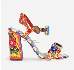 Mixed Colot Crystal Block Heeled Flower Print Chunky Heel Diamond Sandals Woman Fashion Beach High Heel Summer Shoes