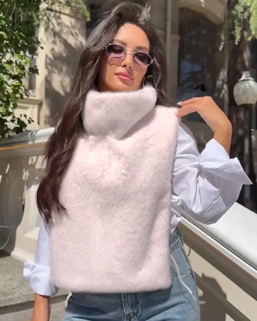 Women Faux Mink Fur Vests Coats Solid Fur Jackets Lace Up Cotton Linen Turtleneck Sleeveless Loose Fit Casual 2026 Autumn Winter