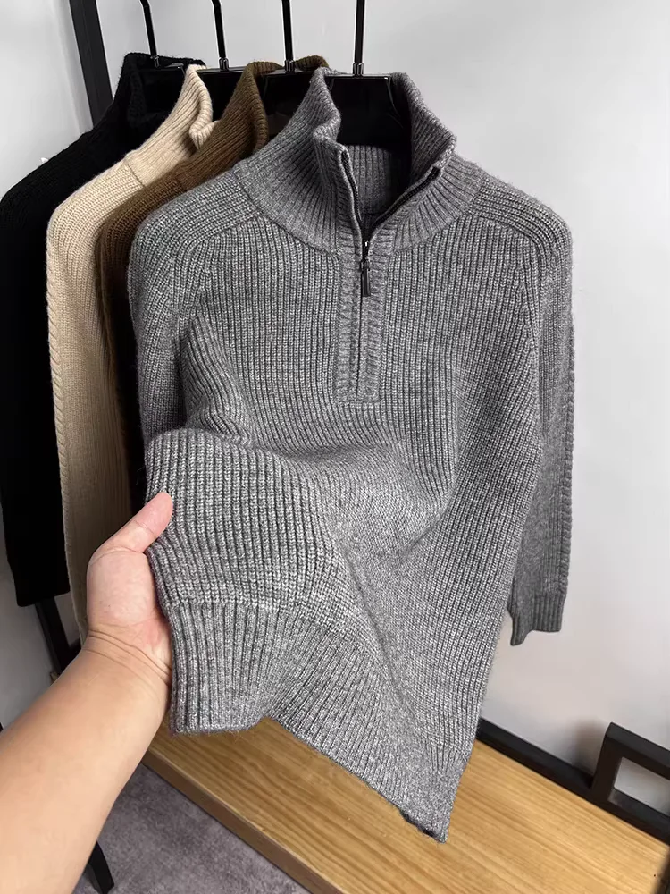 Pull en tricot épais semi-zippé pour hommes, col haut, monochromatique, décontracté, chaud, boutique, marque de mode, haute qualité, hiver