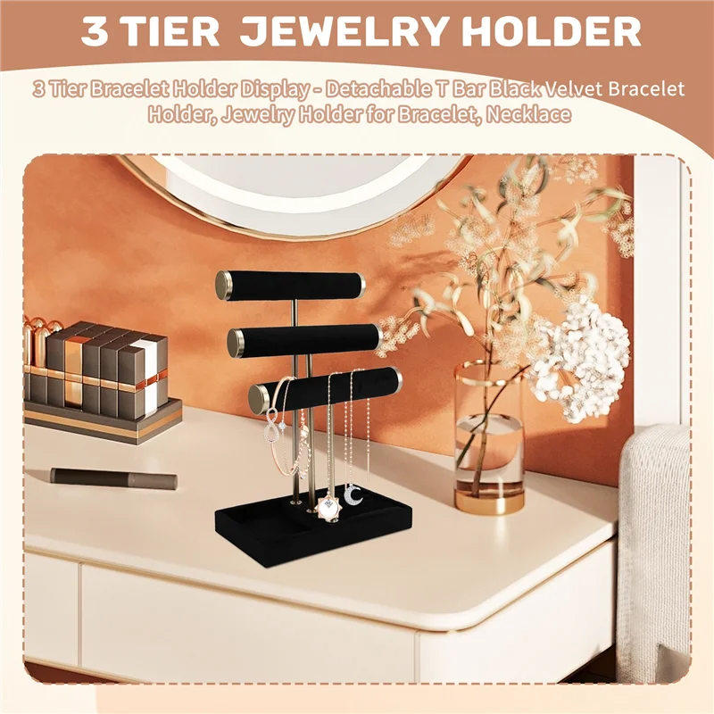 

A83F-3-Tier Jewelry Holder For Bracelets, Detachable T Bar Black Velvet Display For Bracelets, Necklaces