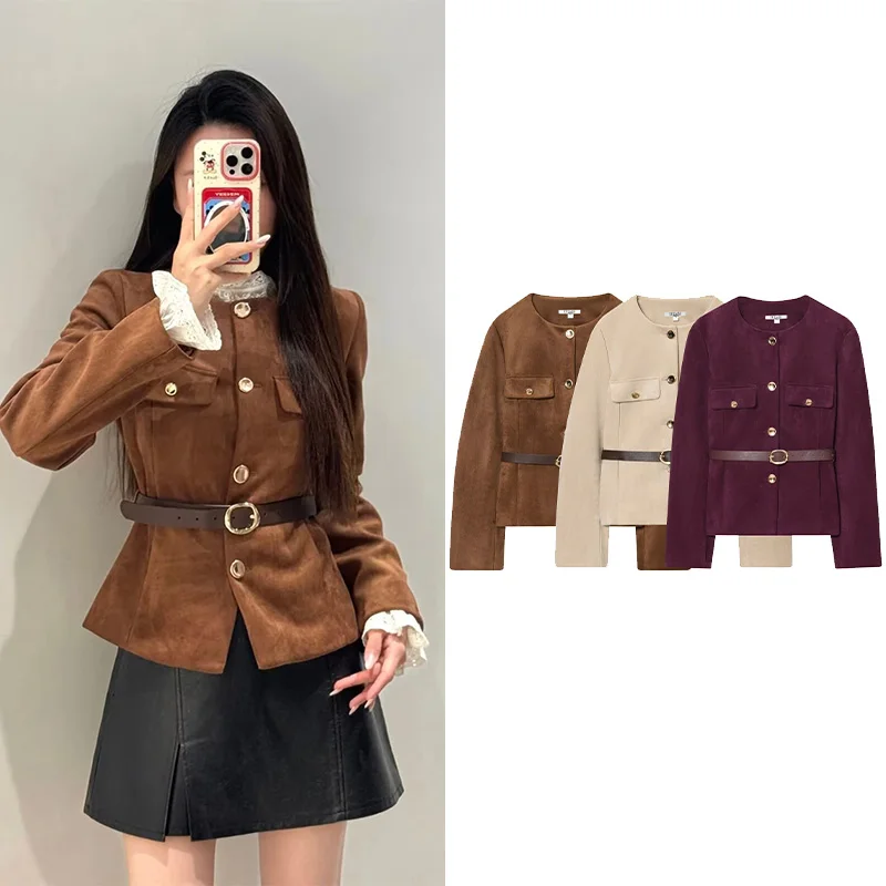 

Женская куртка с поясом, повседневная искусственная замша, винтажная короткая куртка с круглым вырезом и пуговицами, женские пальто с длинными рукавами, женские топы