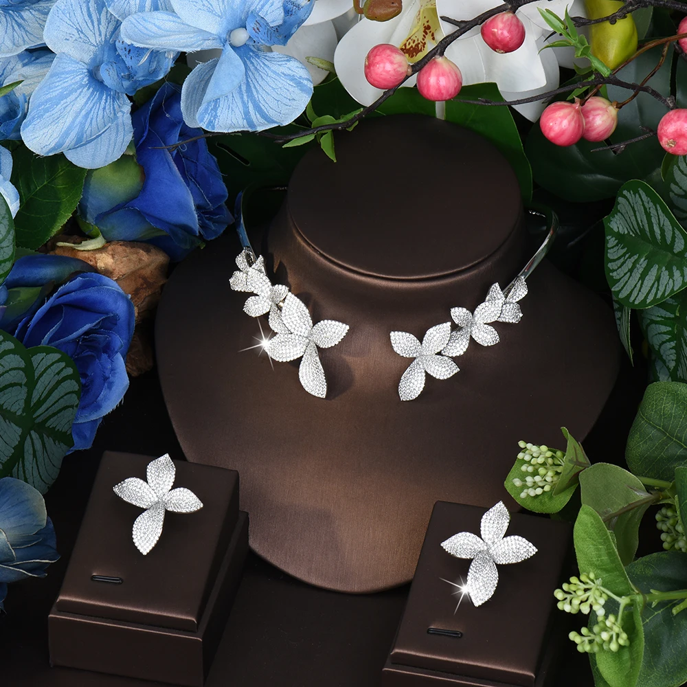 

HIBRIDE New Beautiful Light Luxury Jewelry Leaf Shape Stereoscopic Necklace Earrings 2 Pieces Set Dubai Women Wedding Prom S-849