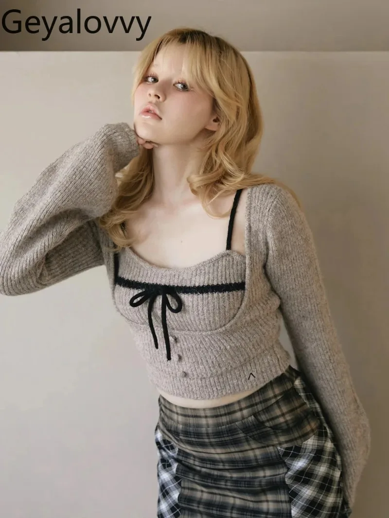 Autumn Winter Japanese Style Sweet Temperament Lady Long Sleeve Knitted Pullover Base Bowknot Vest Short Tops Two-Piece Set