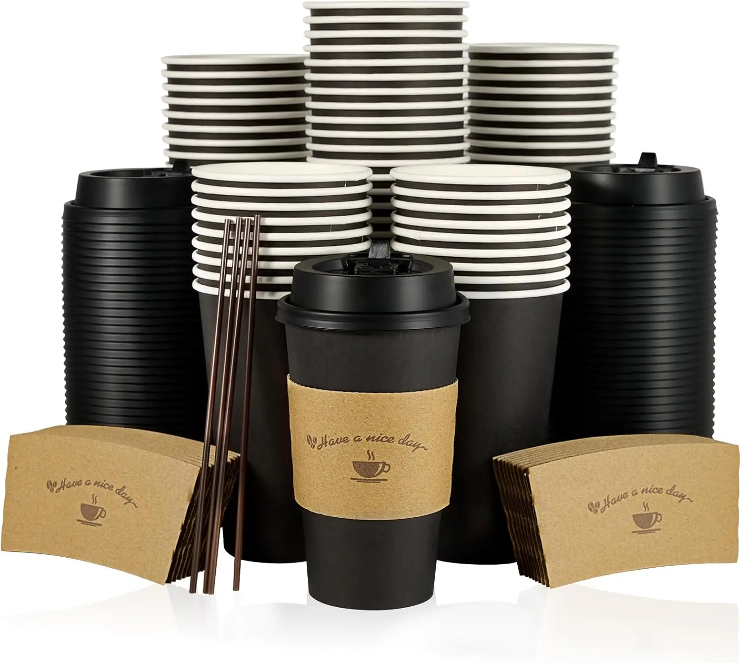 

100 Pack 16 oz Paper Coffee Cups with Lids, Black Disposable Coffee Cups with Lids, Sleeves and Stirring Sticks, for Parties,