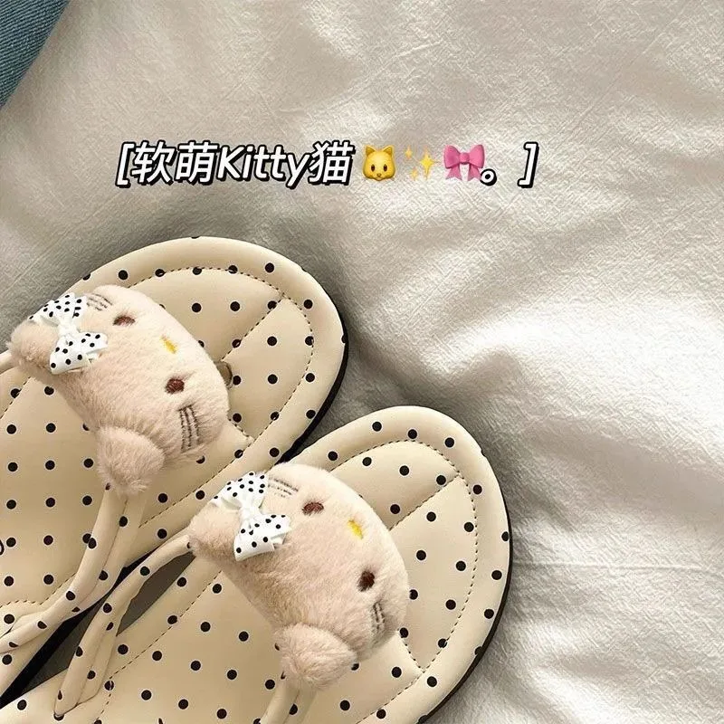 Sanrio Cream Hello Kitty~! 4cm Thick Sole Increase Height Flip Flops Girls Summer Seaside Non-slip and Breathable Ins Sandals