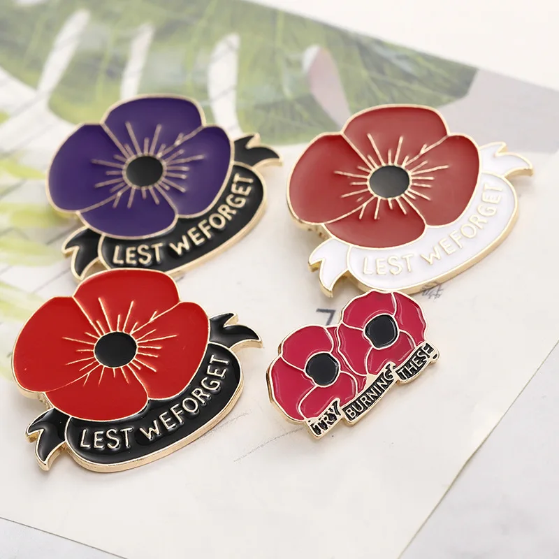 Red Poppy Brooches LEST WE FORGET Letters Enamel Pin Flower Brooches Alloy Backpack Shirt Badge Veterans Day Jewelry Accessory