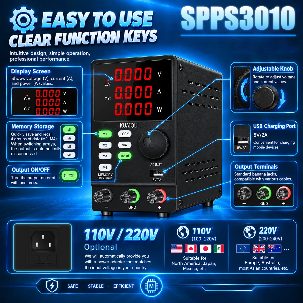 KUAIQU DC Lab Power Supply, High Precision 5V 12V 18V 24V 30V 48V 60V 72V 120V Adjustable Voltage Regulator, Bench Power Source