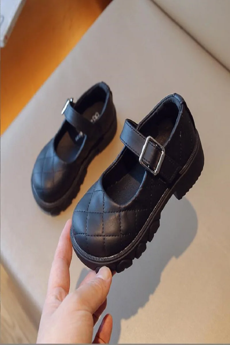 Children's Small Black Leather Shoes 2024 Spring Autumn New Girls Car Sewing Line Square Head Soft Sole Leisure Bean Shoes 22-35