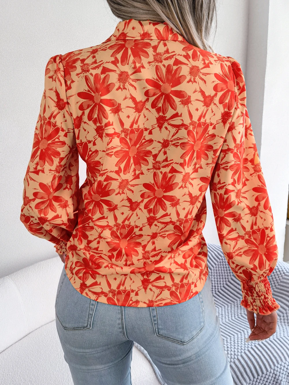 Women Casual Floral Print Collar  Lantern Long Sleeve Shirt