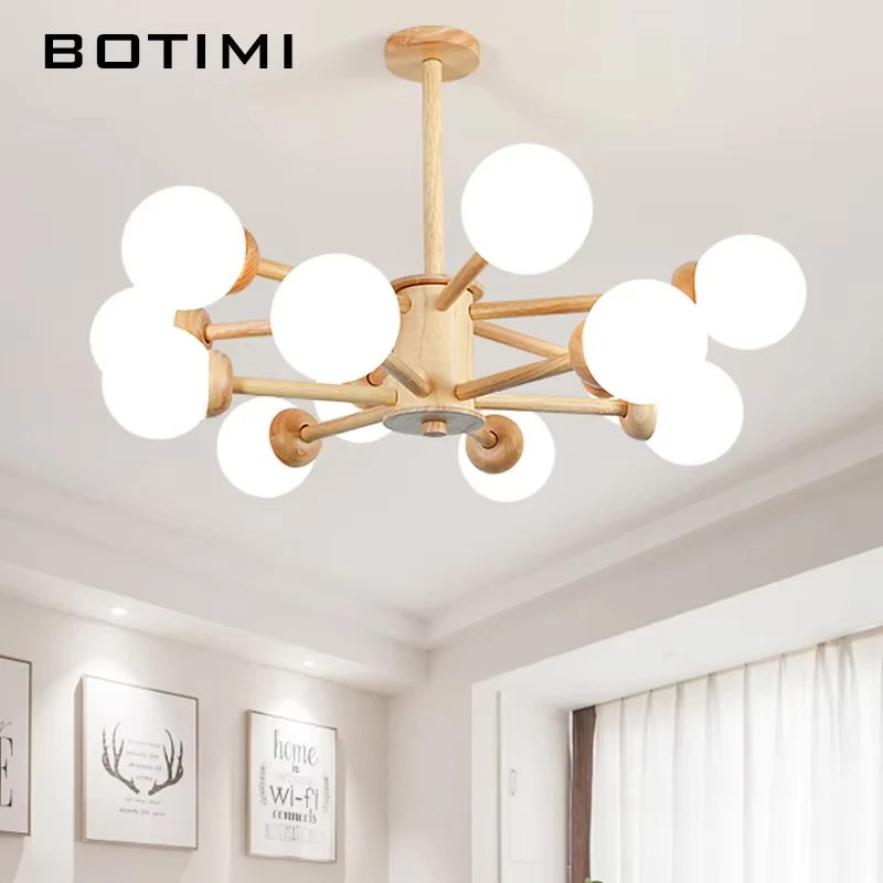 

BOTIMI Layers Solid Wood Chandelier With White Round Glass Lampshades For Living Room Wooden Bedroom Lights LED Nordic Lustre