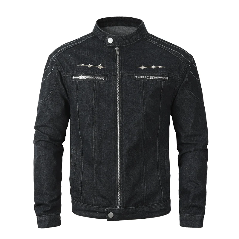 Fashionable new light blue denim washed and decorated with sticker zipper, high street hip-hop brand designer top Y2K