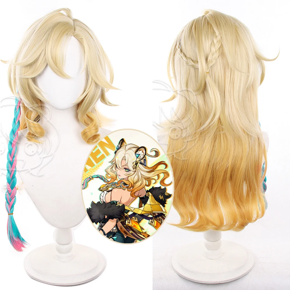 

Anime Genshin Impact Xilonen Cos Wigs Cosplay Costumes Headwear 70cm Long Simulation Scalp Thick Mixed Puffy Long Hair Wigs